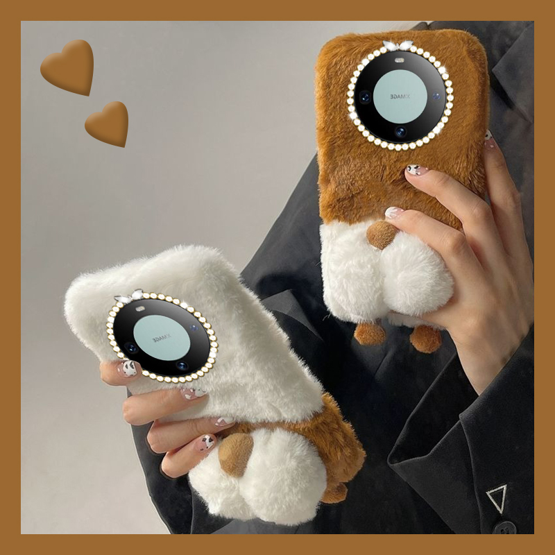 手机壳秋冬毛绒包保暖暖手立体卡通柯基屁股