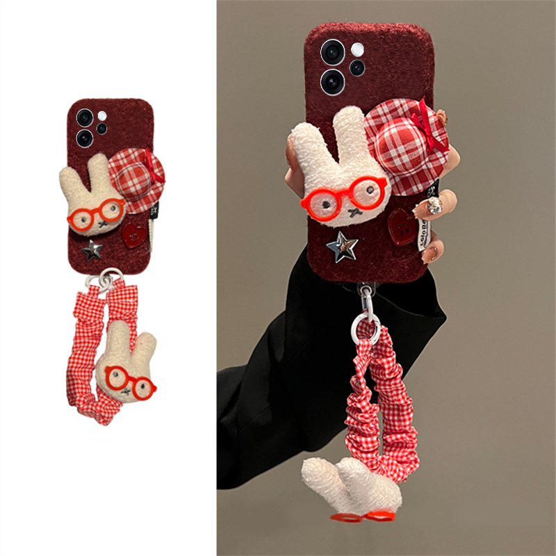 手机壳秋冬绒布红色卡通帽子米菲兔挂件手链