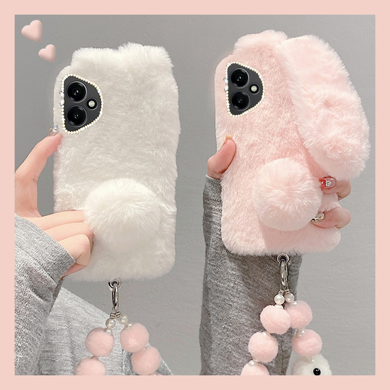 手机壳秋冬毛绒立体可爱卡通兔子耳朵带手链