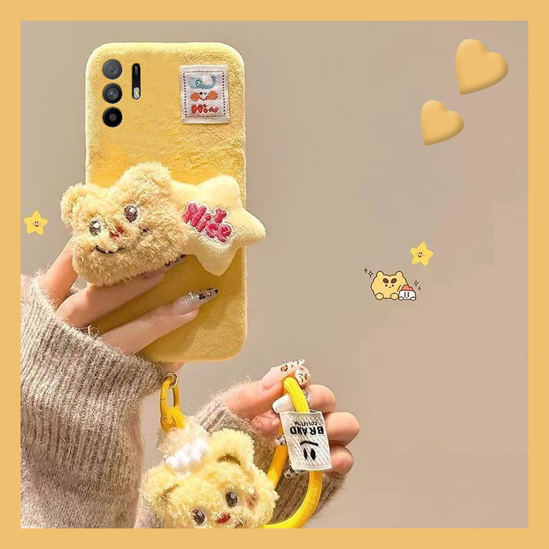 适用oppoa97手机壳a3pro黄油小熊a96秋冬季a1毛绒绒a93s毛毛a55星星a57/a56立体a72挂件a58x冬天a6女a2x/oppo