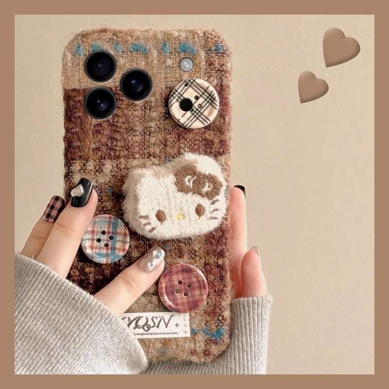 手机壳秋冬绒布立体可爱卡通纽扣KT猫凯蒂猫