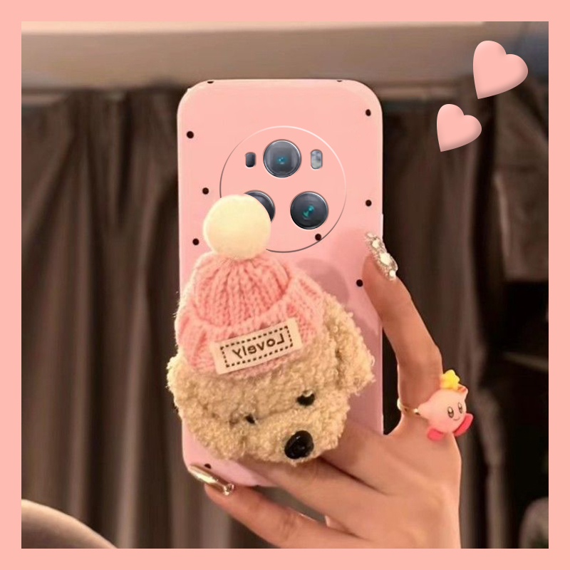 手机壳粉色波点立体卡通秋冬毛绒帽子小狗