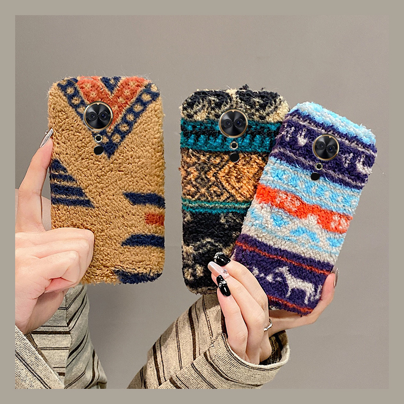 手机壳秋冬毛绒ins风拼色撞色复古衣纹