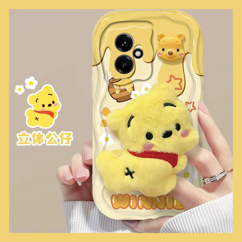 手机壳硅胶卡通呆萌立体毛绒维尼熊支架