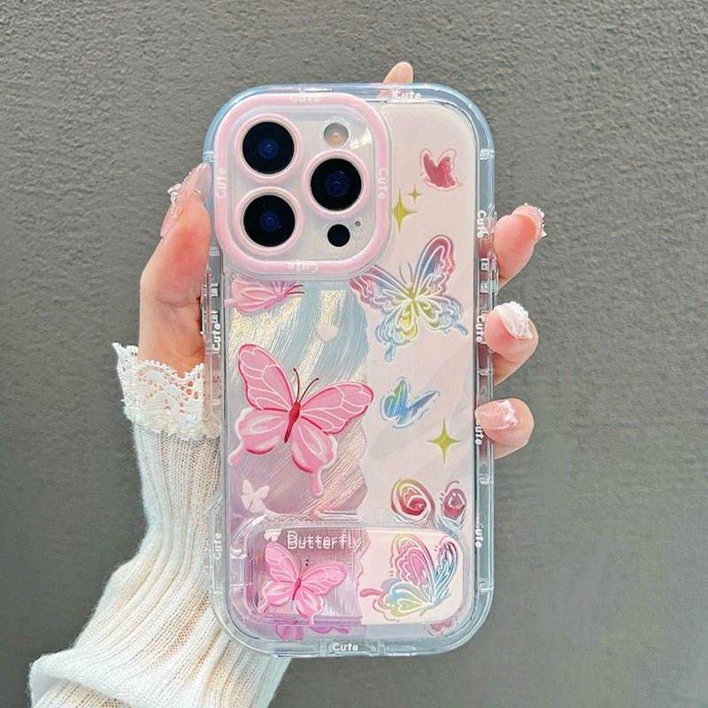 手机壳硅胶羽纱韩系彩色蝴蝶带镜子支架