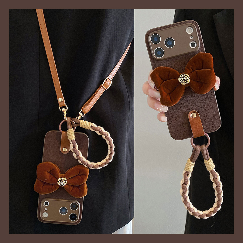 手机壳硅胶月坑纹山茶花绒布蝴蝶结斜跨挂绳
