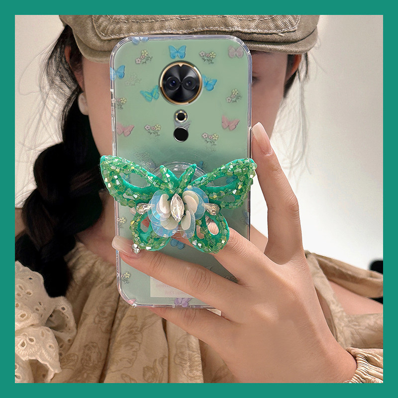 手机壳硅胶韩系立体水钻绿色蝴蝶支架