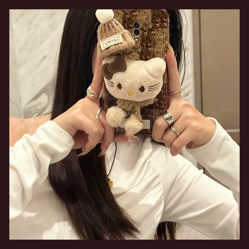 手机壳秋冬绒布卡通毛绒帽子围巾KT猫凯蒂猫