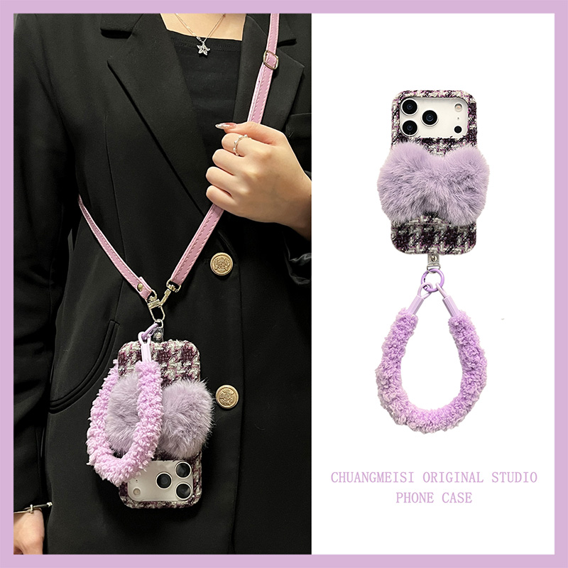 手机壳秋冬绒布格子格纹蝴蝶结挂件斜跨挂绳