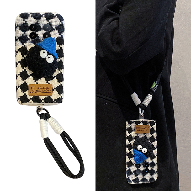 手机壳秋冬绒布棋盘格立体可爱卡通毛绒煤球