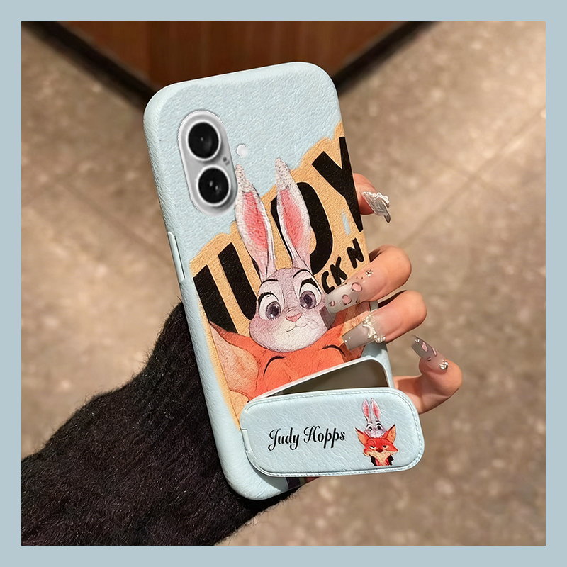 手机壳仿皮皮纹卡通情侣朱迪尼克带镜子支架