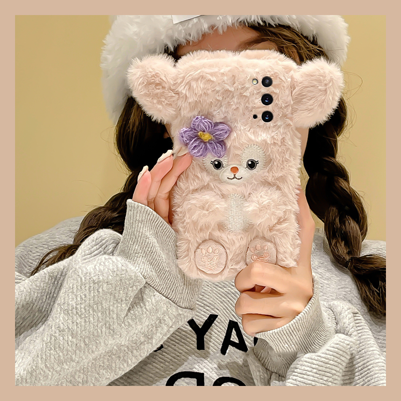手机壳秋冬毛绒毛茸茸卡通花朵刺绣琳娜贝儿
