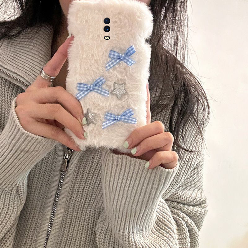 手机壳秋冬毛绒毛茸茸ins风格子星星蝴蝶结