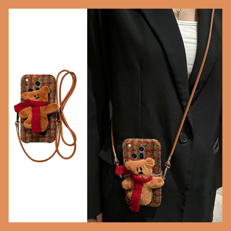 手机壳秋冬绒布圣诞节围巾小熊背夹斜跨挂绳
