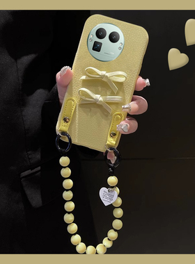 适用oppo真我gt8手机壳gt8pro可斜挎por皮纹立体realme蝴蝶结带挂绳0ppo挂链黄色韩系新款全包防摔保护套硅胶