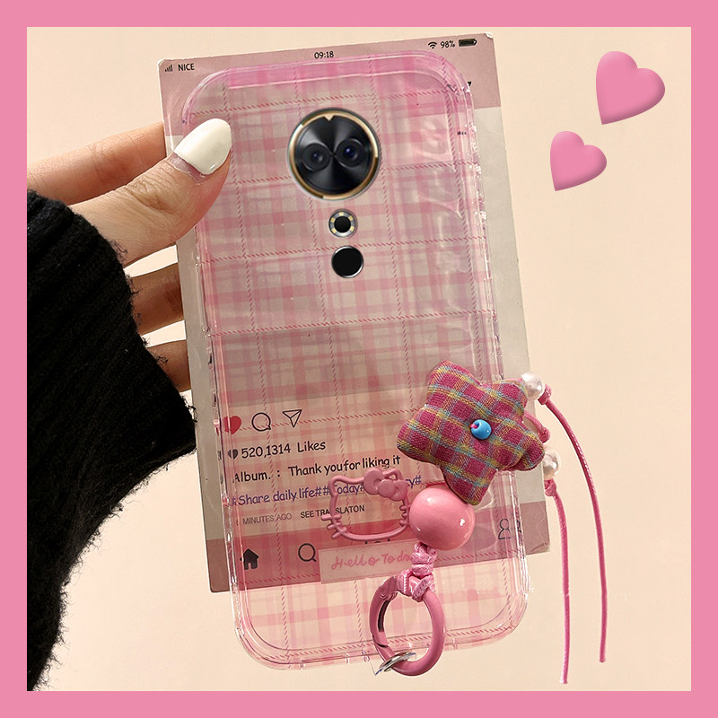 手机壳粉色格子立体卡通KT猫凯蒂猫带手链