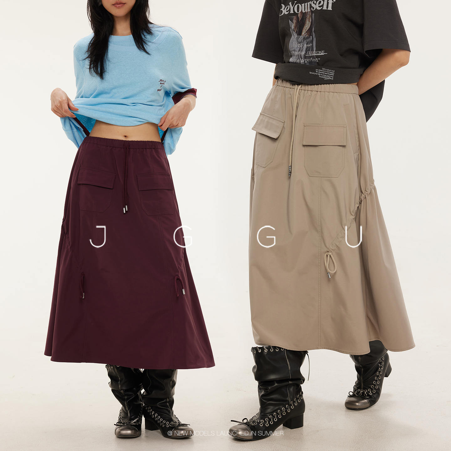 晶咕黑标JGGU【城市猎歌】美式复古百搭抽褶设计感A字半身裙夏季