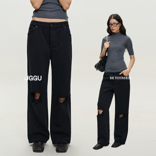 晶咕黑标JGGU【雅痞破洞】破洞黑色休闲牛仔裤女高腰显瘦垂感长裤