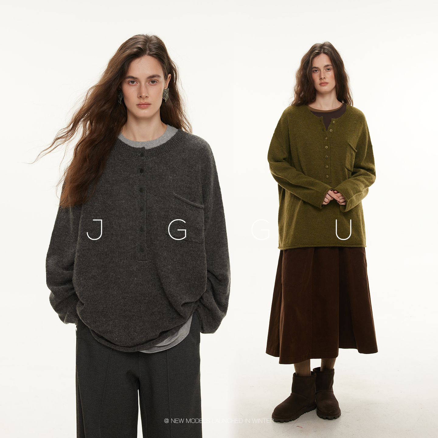 晶咕黑标JGGU【惬享通勤】绵羊毛马海毛口袋排扣针织毛衣女秋冬