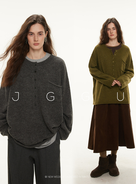 晶咕黑标JGGU【惬享通勤】绵羊毛马海毛口袋排扣针织毛衣女秋冬