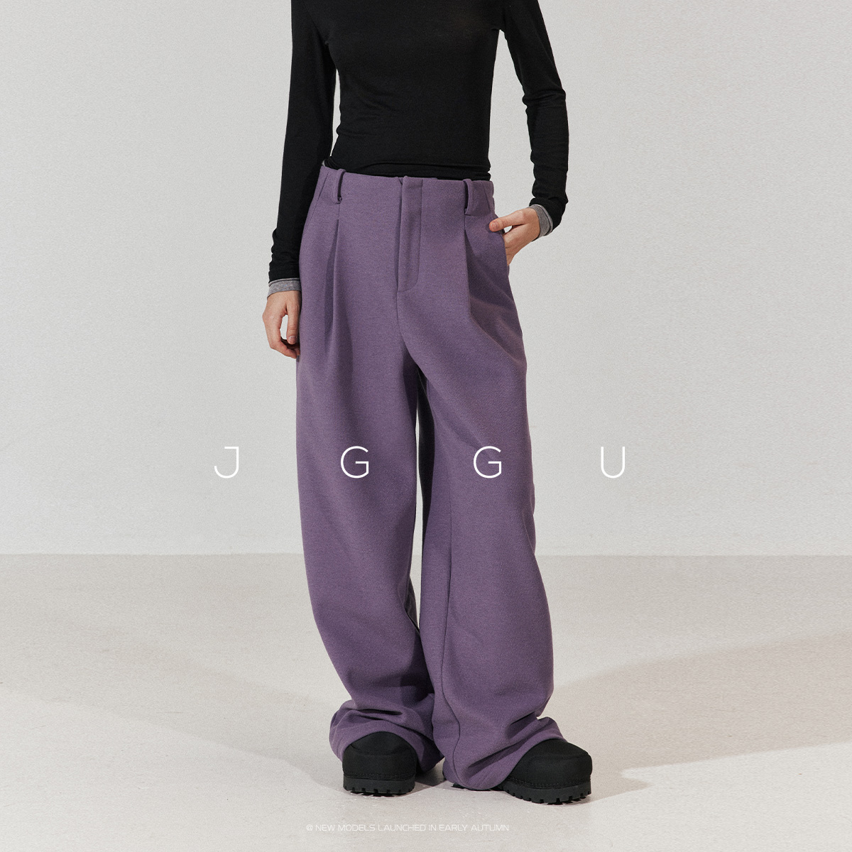 晶咕加绒高腰捏褶肌理感阔腿裤