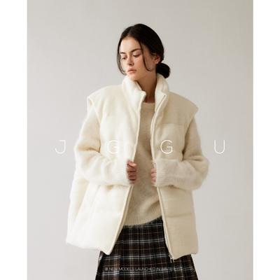 晶咕黑标JGGU 【简廓叠穿】羊毛混纺粗呢面料立领白鸭绒羽绒马甲