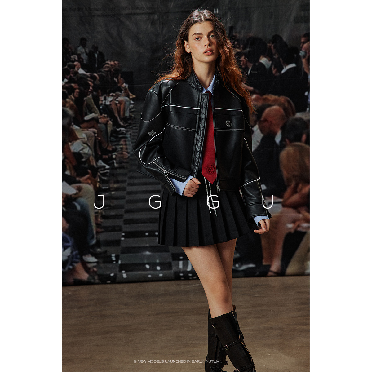 撞色立领织带时髦机车风皮衣外套