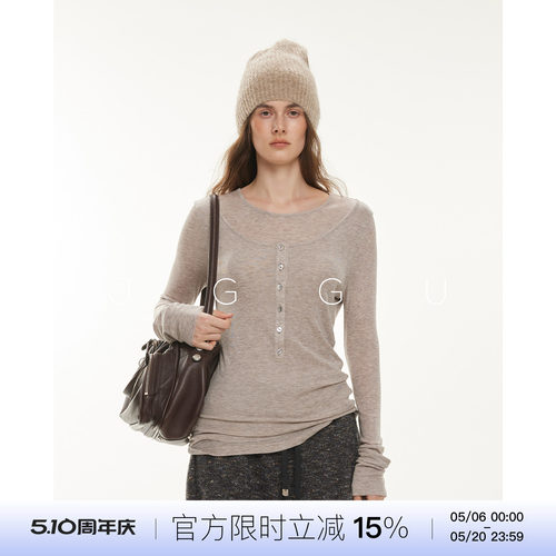 晶咕黑标JGGU【诧寂月光】莱赛尔绵羊毛混纺假两件亨利领长袖T恤