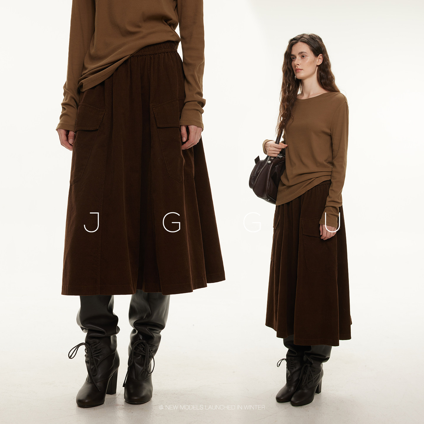 晶咕黑标JGGU【画展倩影】全棉灯芯绒面料A字松紧复古绒感半身裙