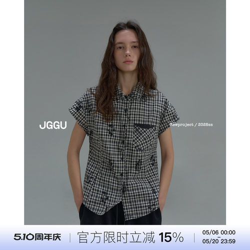 晶咕黑标JGGU【速写春光】经典复古格纹花卉刺绣衬衫减龄显瘦上衣
