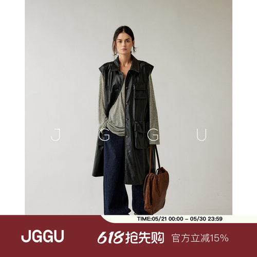 晶咕黑标JGGU【潜行旷野】设计感无袖水洗口袋蛋白皮马甲大衣外套