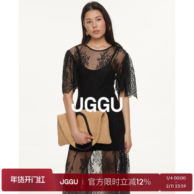 晶咕黑标JGGU【柏林夜色】分割线微透蕾丝连衣裙+纯色吊带裙套装