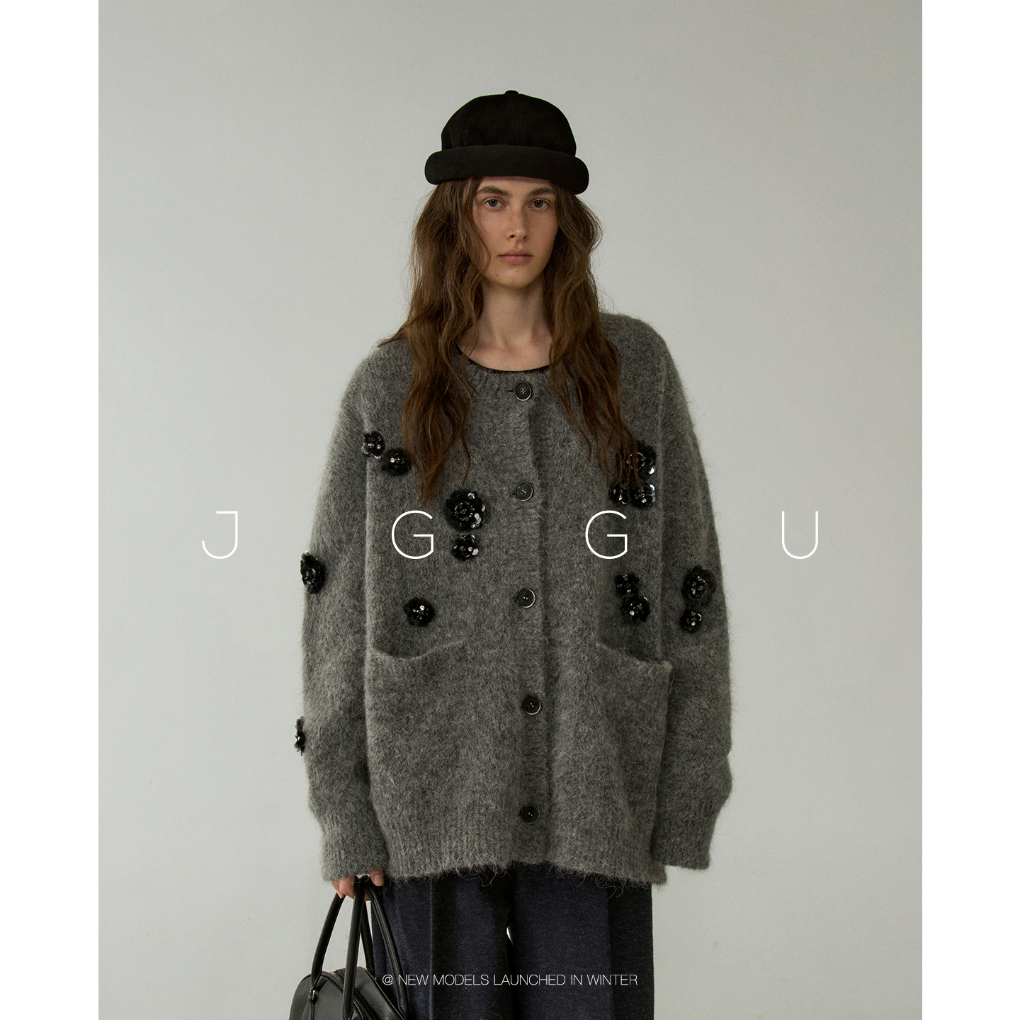 晶咕黑标JGGU【热栗奶咖】高级重工钉珠羊驼毛针织衫女冬百搭开衫