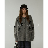 高级重工钉珠羊驼毛针织衫 热栗奶咖 女冬百搭开衫 晶咕黑标JGGU