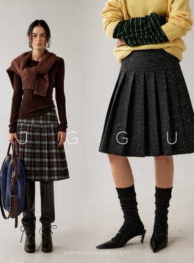 晶咕黑标JGGU【英伦画报】绵羊毛混纺粗呢格纹面料高腰百褶半身裙