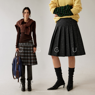 晶咕黑标JGGU【英伦画报】绵羊毛混纺粗呢格纹面料高腰百褶半身裙