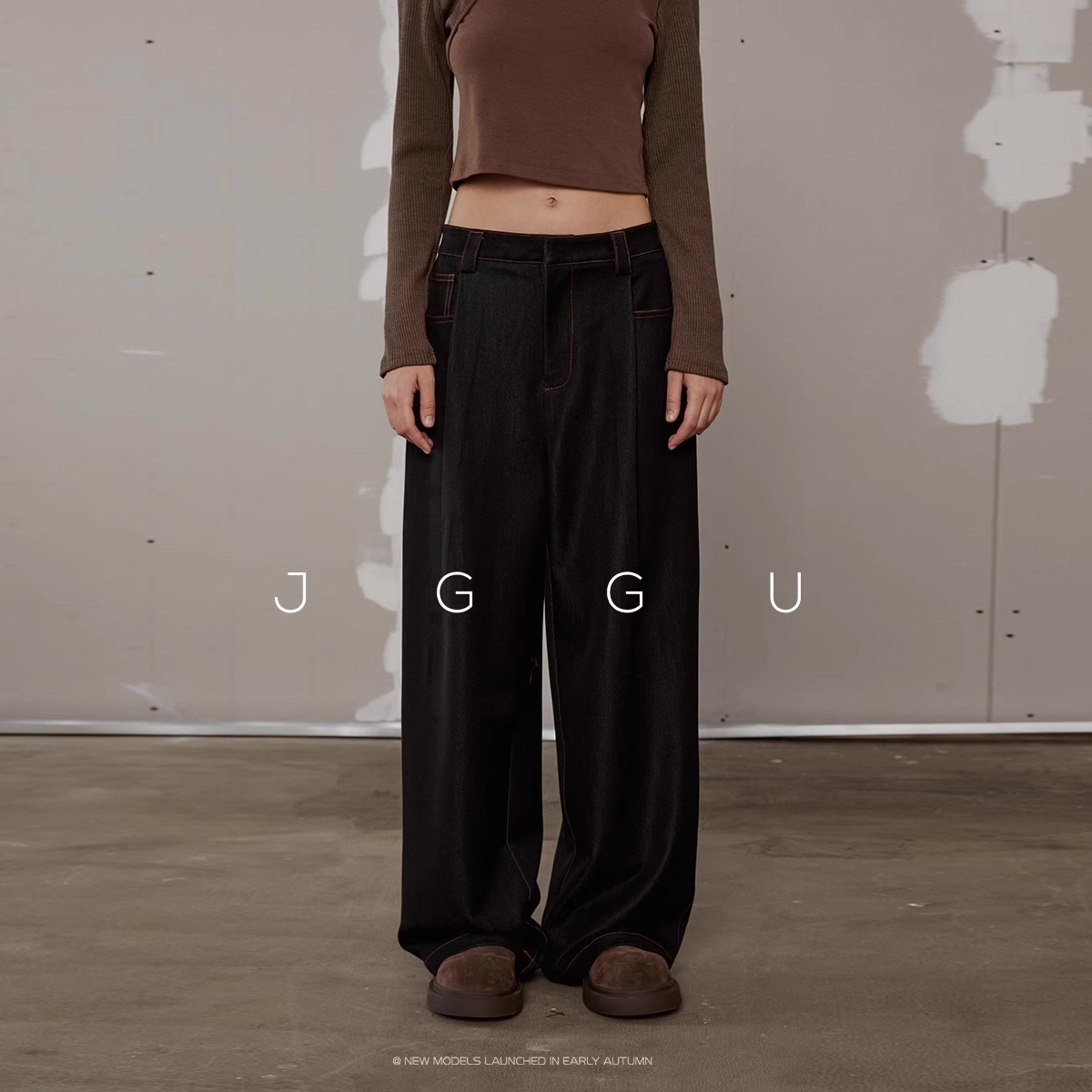 晶咕黑标JGGU仿牛仔TR明线阔腿裤女休闲宽松日常通勤直筒裤子