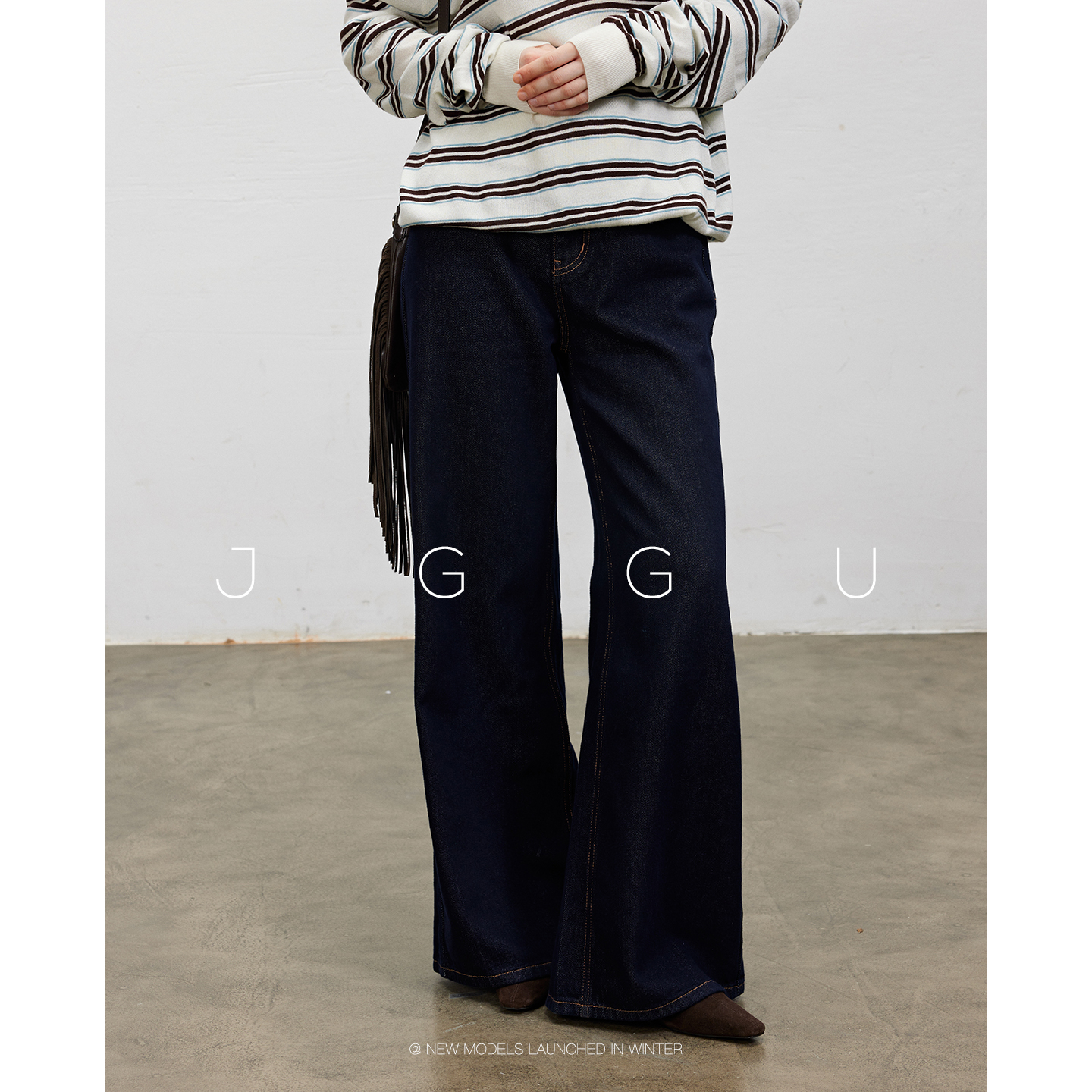 晶咕黑标JGGU双腰带复古水洗原色宽松阔腿牛仔裤女秋冬显瘦裤子