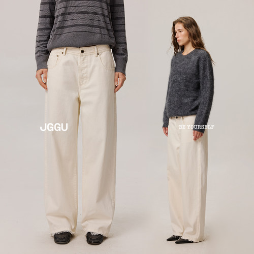 晶咕黑标JGGU 10/9 20:00新品【撕边裤】奶油色复古宽松牛仔裤