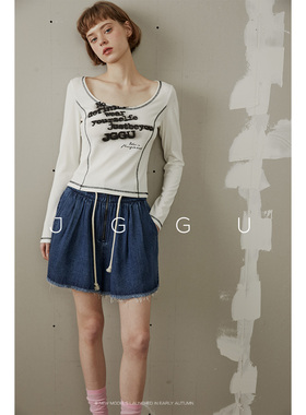 晶咕黑标JGGU美式复古印花水印字母印花U领长袖T恤设计感撞色上衣