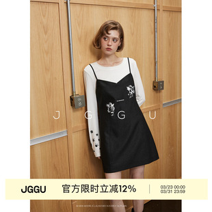晶咕黑标JGGU 浪漫复古亮闪小天使印花V型领吊带裙 复古缪斯