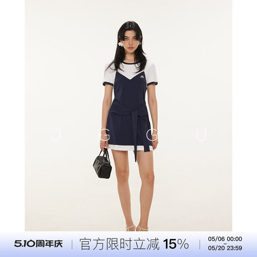 晶咕黑标JGGU【智性冷都】撞色假两件绑带腰正肩连衣裙A字设计感