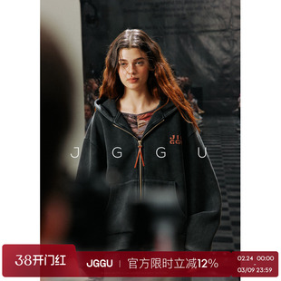 晶咕黑标JGGU高克重复合空气层定制立体撞色皮标刺绣连帽卫衣外套