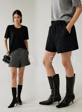 晶咕黑标JGGU【可可香颂】100绵羊毛老钱质感气质显瘦短裤女秋季