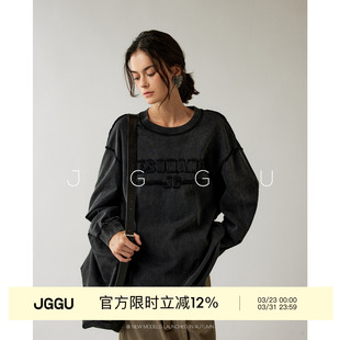 T恤女秋大码 100棉水洗刺绣字母长袖 休闲上衣 飒影 晶咕黑标JGGU