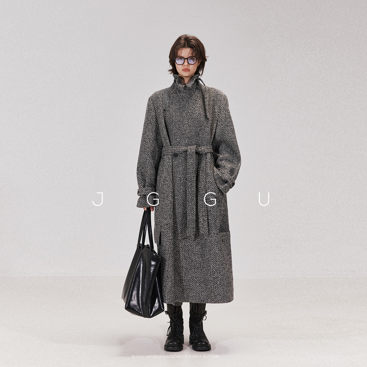 晶咕黑标JGGU【优雅老钱】 人字纹气质两穿领带腰带毛呢大衣外套