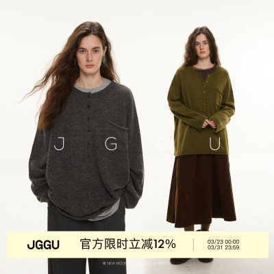晶咕黑标JGGU【惬享通勤】绵羊毛马海毛口袋排扣针织毛衣女秋冬