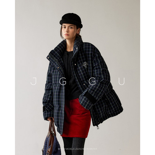 晶咕黑标JGGU 泡泡肌理格纹面料90白鸭绒羽绒服外套