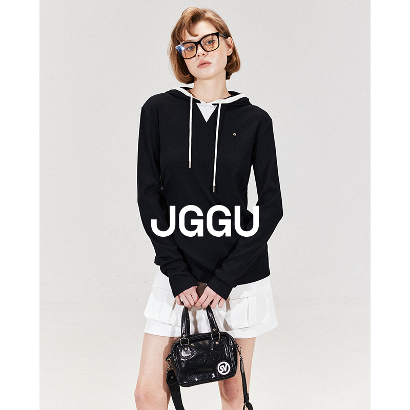 晶咕黑标JGGU【运动老钱】慵懒套头连帽针织拼色领女长袖卫上衣
