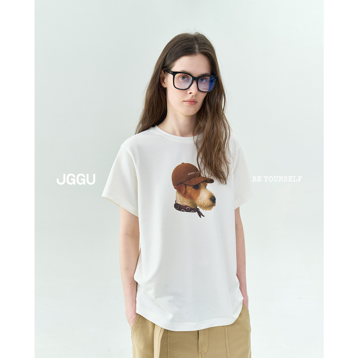 晶咕黑标JGGU 【潮酷小狗】夏季新款戴帽帅气小狗印花短袖T恤上衣